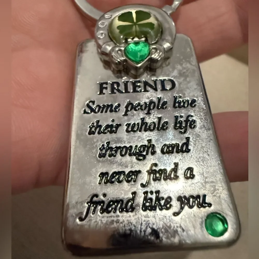Lucky Irish Friend Keychain with Real Four Leaf Clover & Green Gemstones
